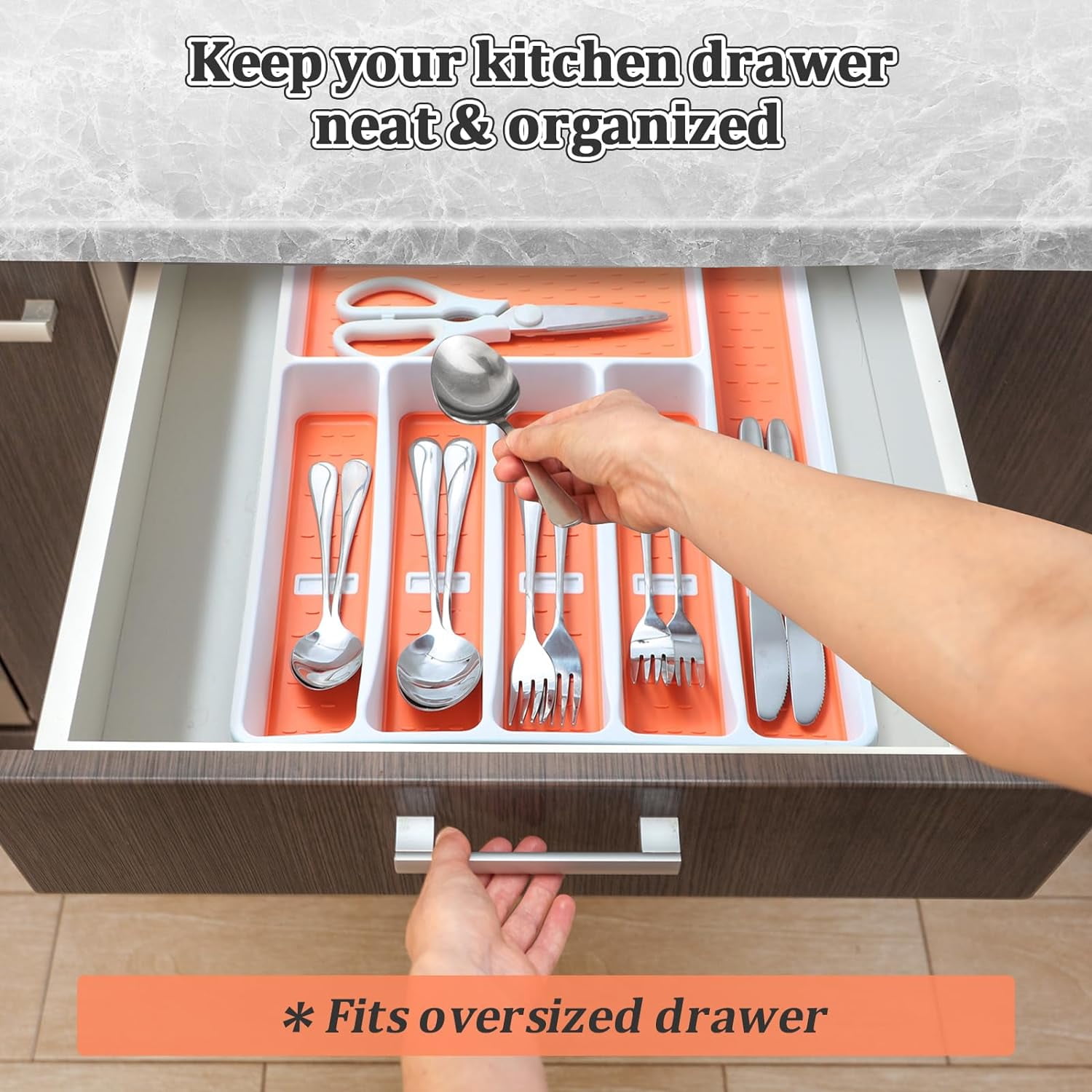 Silverware Organizer with Cutlery Icons，Silverware Tray for Kitchen Drawer，Plastic Flatware Tableware Silverware Drawer Organizer Utensil Organizer with Non-slip TPR Linings，6-Compartment