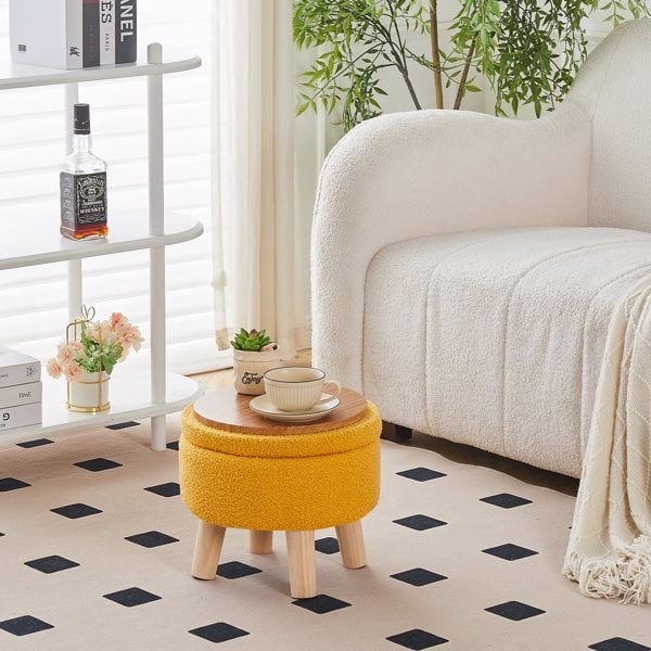 Storage Ottoman, Modern Round Footrest with Soft Padded Seat, Teddy Velvet Footstool with Wood Legs, Accent Small Table or Plant Stand for Living Room (Brilliant Yellow)