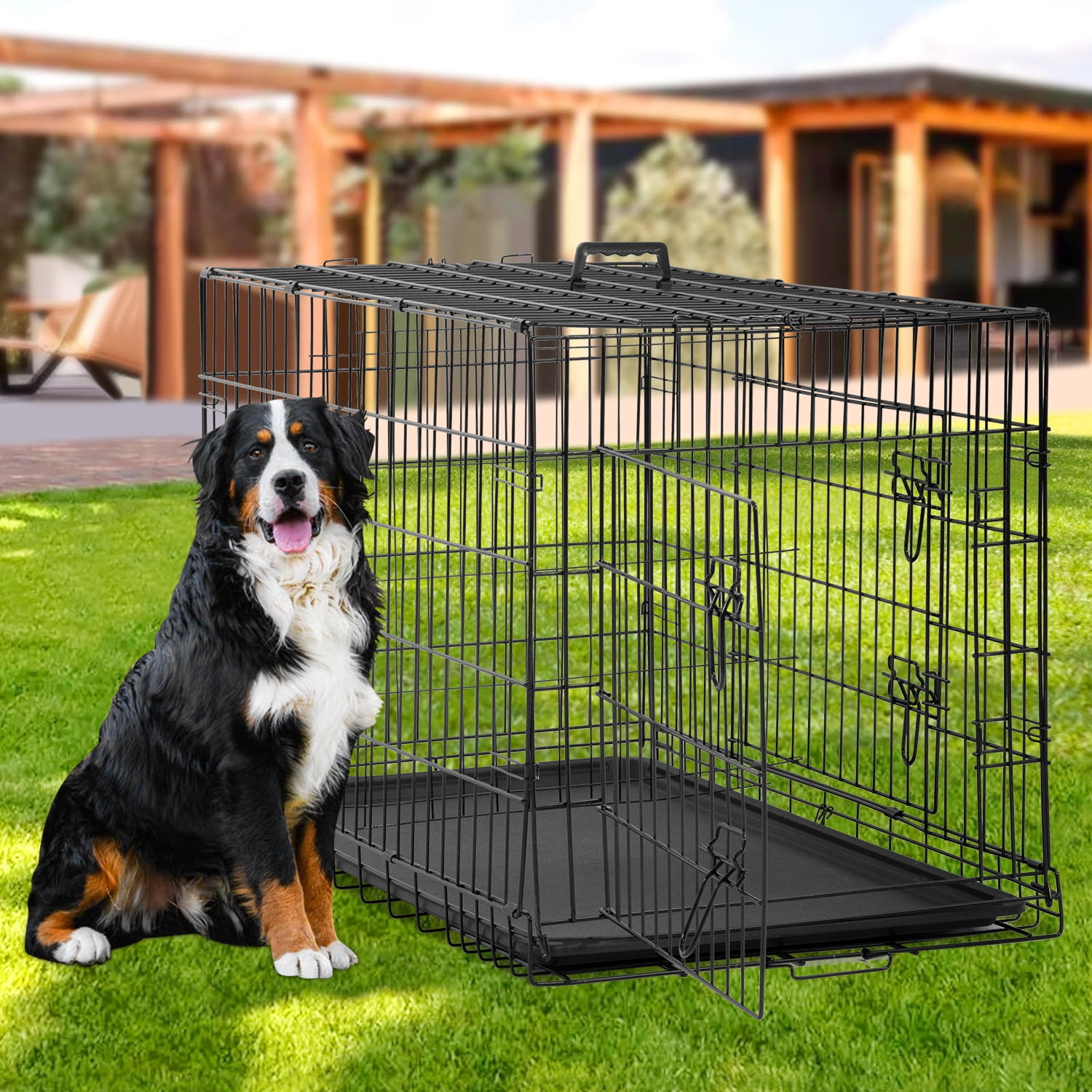 Large Dog Crate 48 Inch Metal Wire Dog Cage, Double-Door Folding