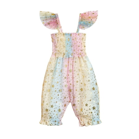 

Sunisery Toddler Infant Baby Girls Casual Summer Jumpsuit Star Bronzing Print Fly Sleeves Off-the-shoulder Romper Blue Pink Yellow 12-18 Months
