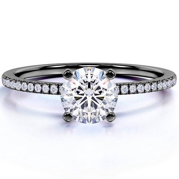 JeenMata Anillo de Compromiso de 1 Quilate con Corte Redondo y Engaste Pavé en Oro Negro de 18 K sobre Plata Esterlina