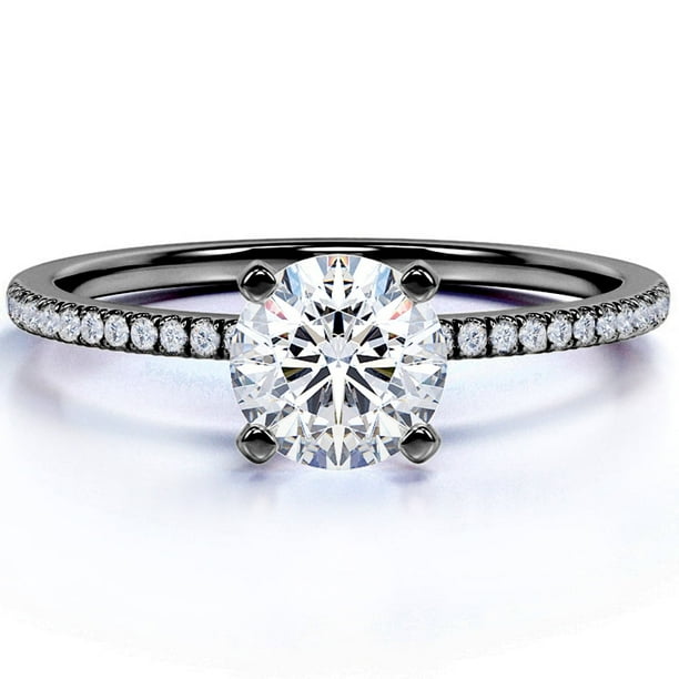 JeenMata Anillo de Compromiso de 1 Quilate con Corte Redondo y Engaste Pavé en Oro Negro de 18 K sobre Plata Esterlina