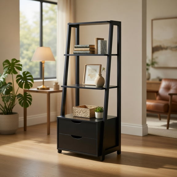 Resenkos Bookshelf,Shelf, Open Bookcase Book Shelf,Storage Shelf Unit Plant Stand,4-Tier Ladder Bookshelf Storage Display with 2 Drawers