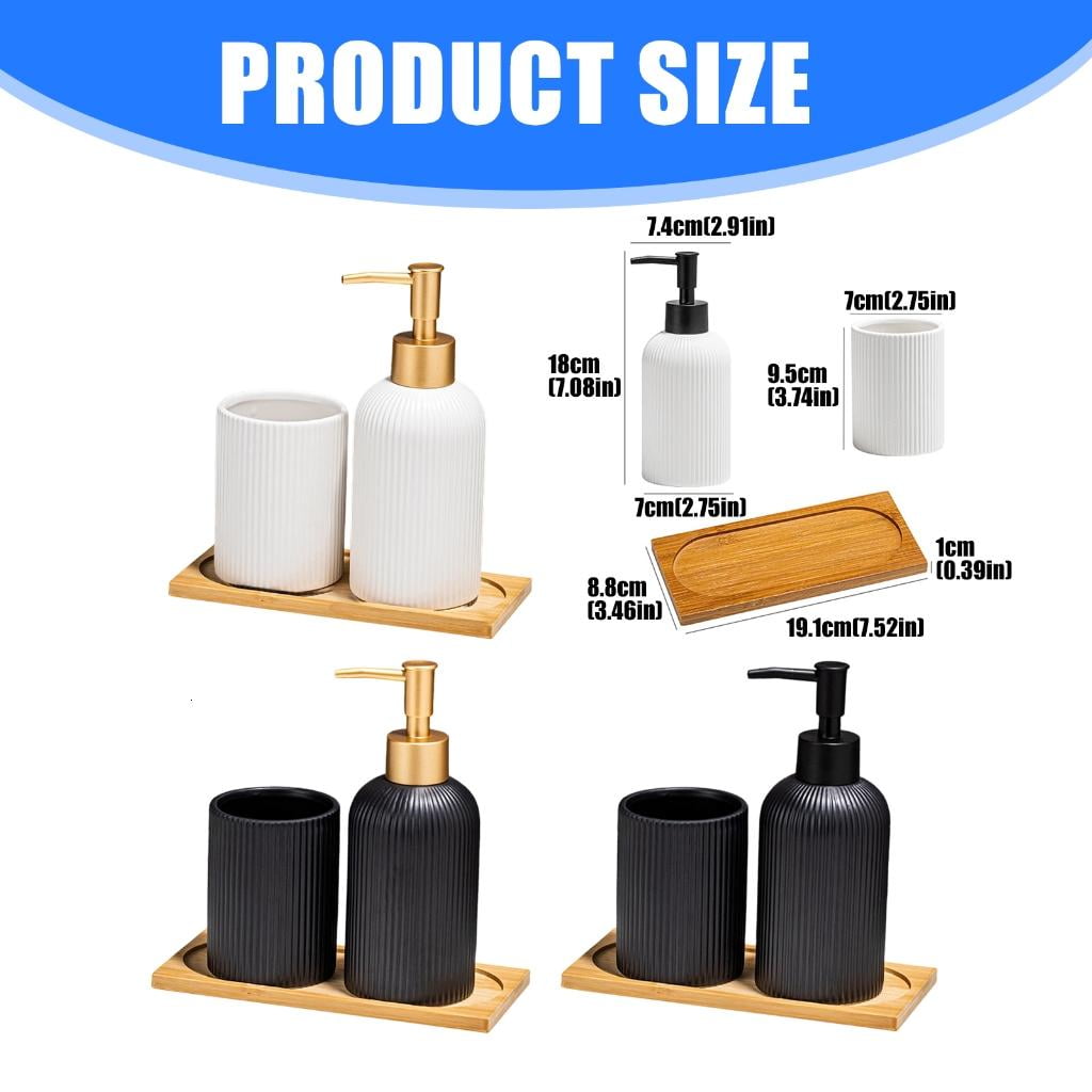 YIEMEEN Set of 3 Ceramic Soap Dispenser Set with Wood Storage Tray and Toothbrush Cup