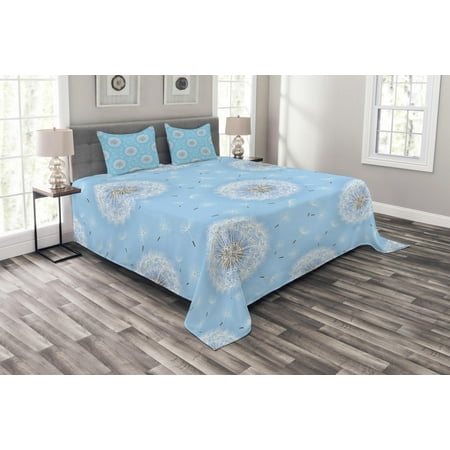 - Floral Bedspread Set, Dandelion Petals Flying Fluffy Soft Flora in Pastel Tones Spring Romantic Design, Decorative Quilted Coverlet Set with Pillow Shams Included, Sky Blue White, by Ambesonne