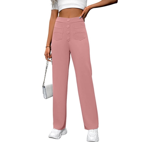LYMAYTER Women Casual Trousers High Waisted Stretchy Button Business Work Casual Pants with Pockets S-2XL
