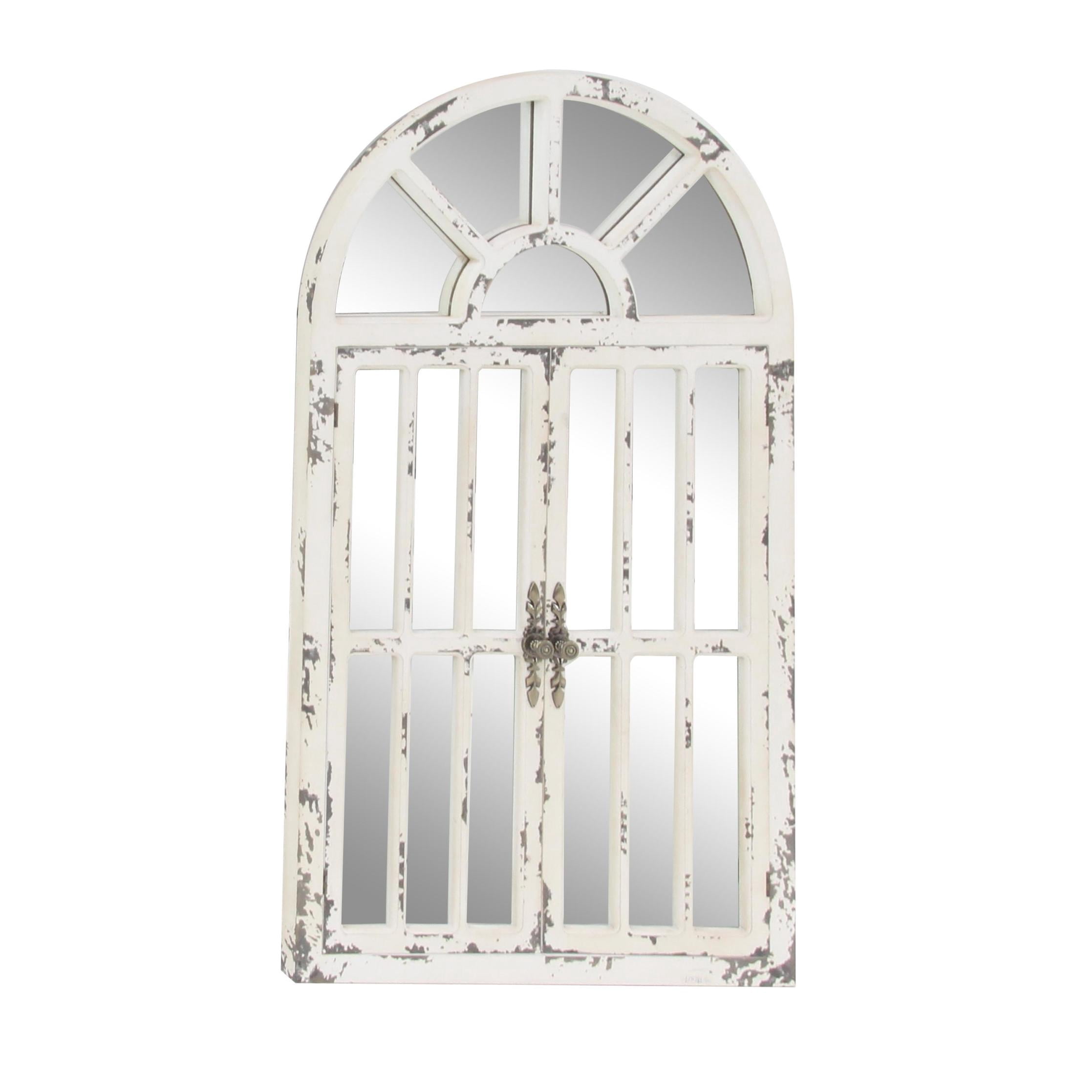 DecMode 26" x 46" White Window Pane Inspired 2 Door Wall Mirror with Arched Top and Distressing