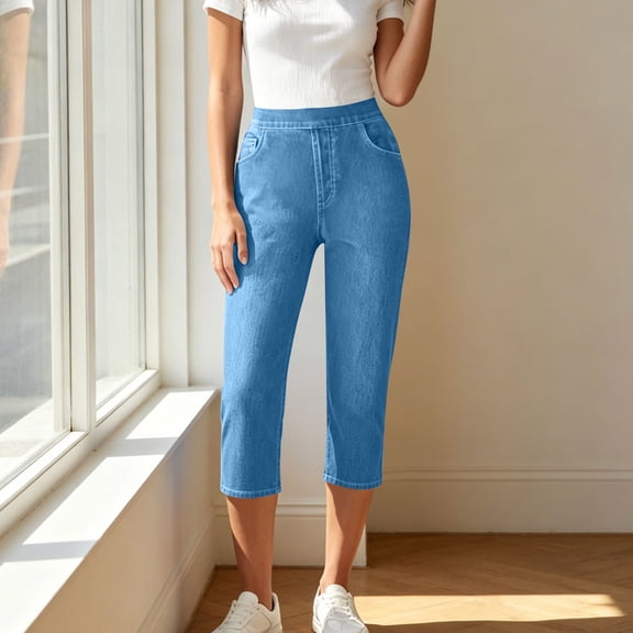 Cloaraye Capri Jeans for Women Cotton Elastic High Waist Cropped Denim Pants Solid Colo Fashion Slim Fits 3/4 Length Straight Leg Pants
