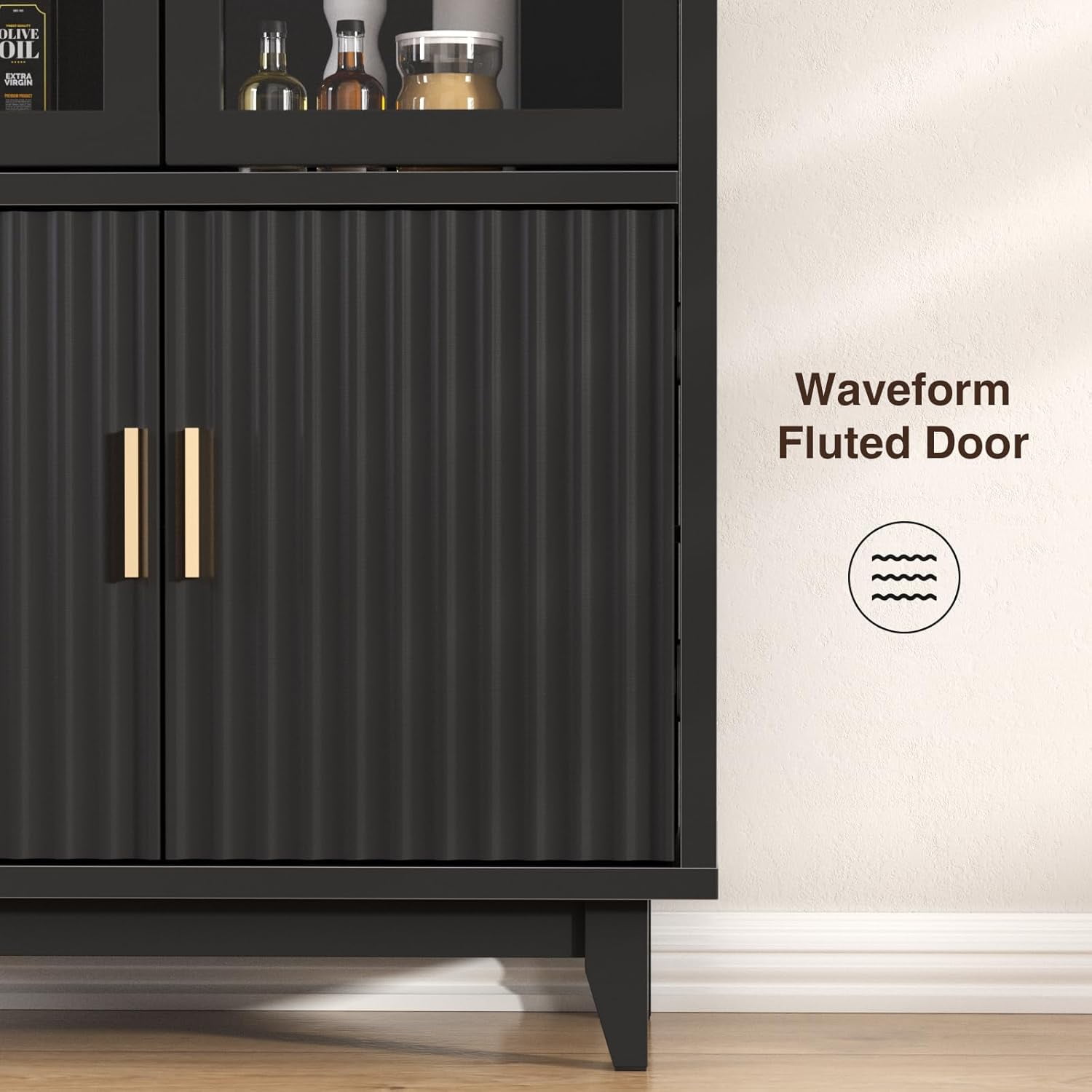 Vabches Arched Kitchen Pantry Storage Cabinet, 71" Tall Fluted Cabinet with 2 Glass Doors, 2 Doors for Kitchen, Living Room, Bedroom