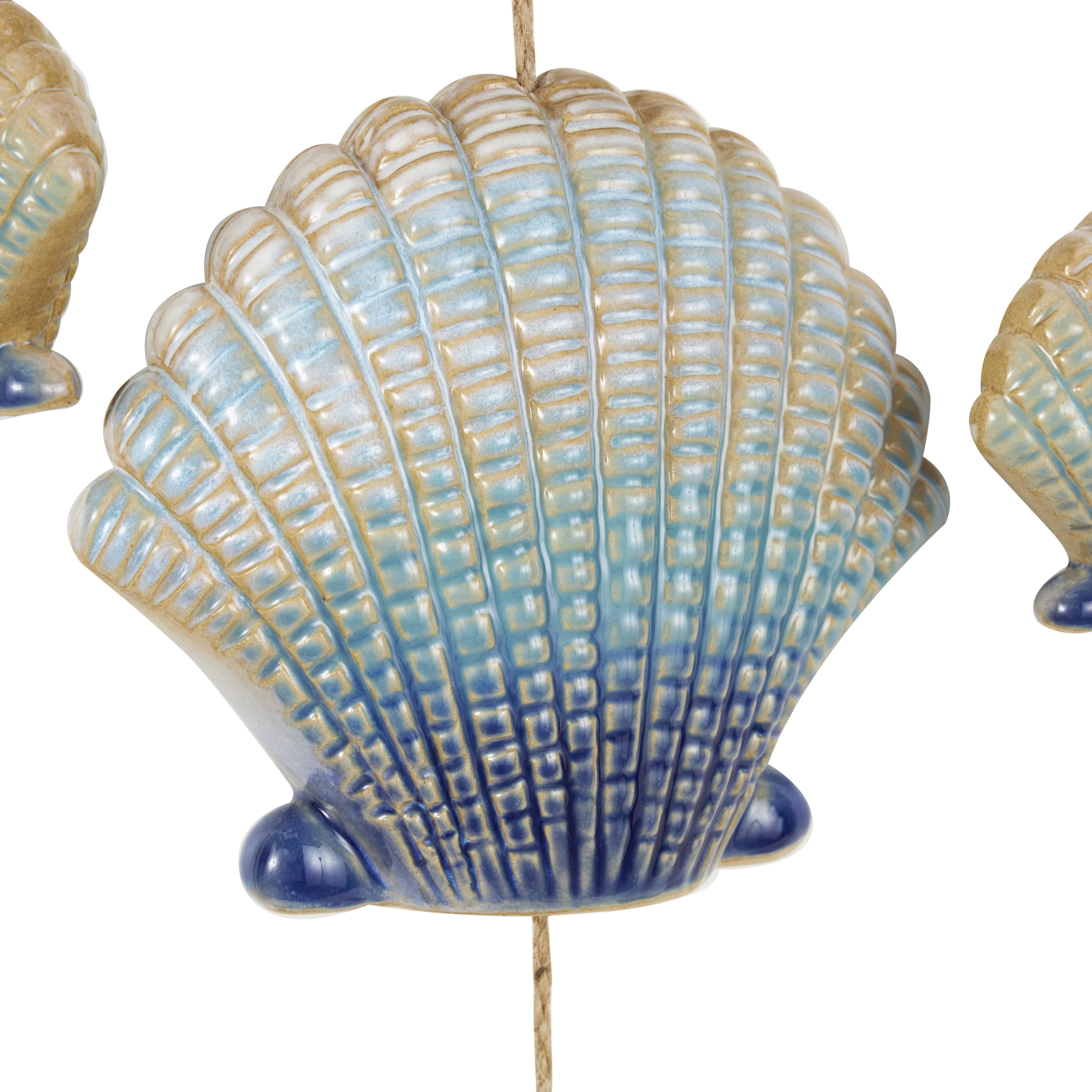 DecMode 35" Blue Ceramic Handmade Ombre Shell Windchime with Driftwood and Bead Accents