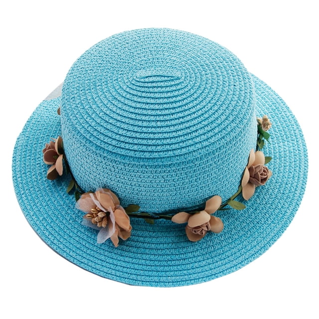 52-54 cm circunferencia del sombrero sombrero de sol de verano para niños guirnalda playa al aire libre sombrero de copa plano protector solar sombrero de paja plegable azul cielo