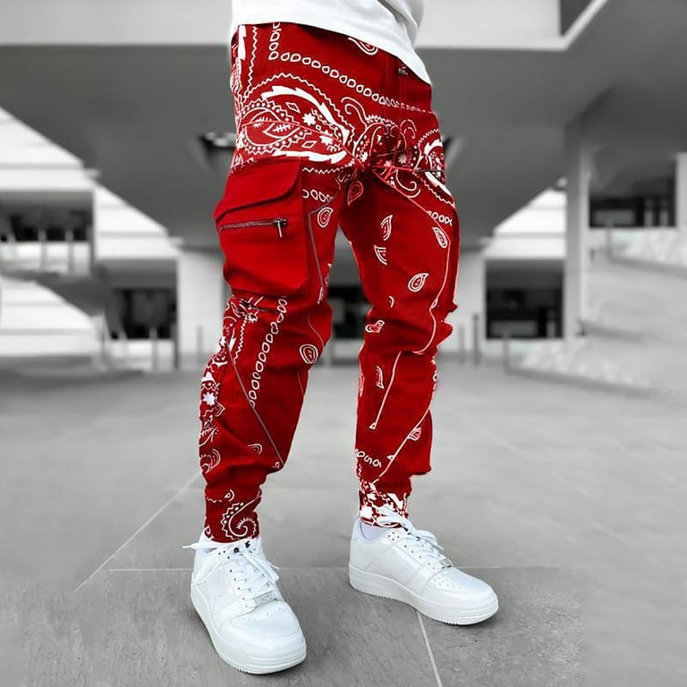 YWDJ Joggers for Men Slim Fit Men Loose Overalls Trousers Night Reflective  Casual Street Red M