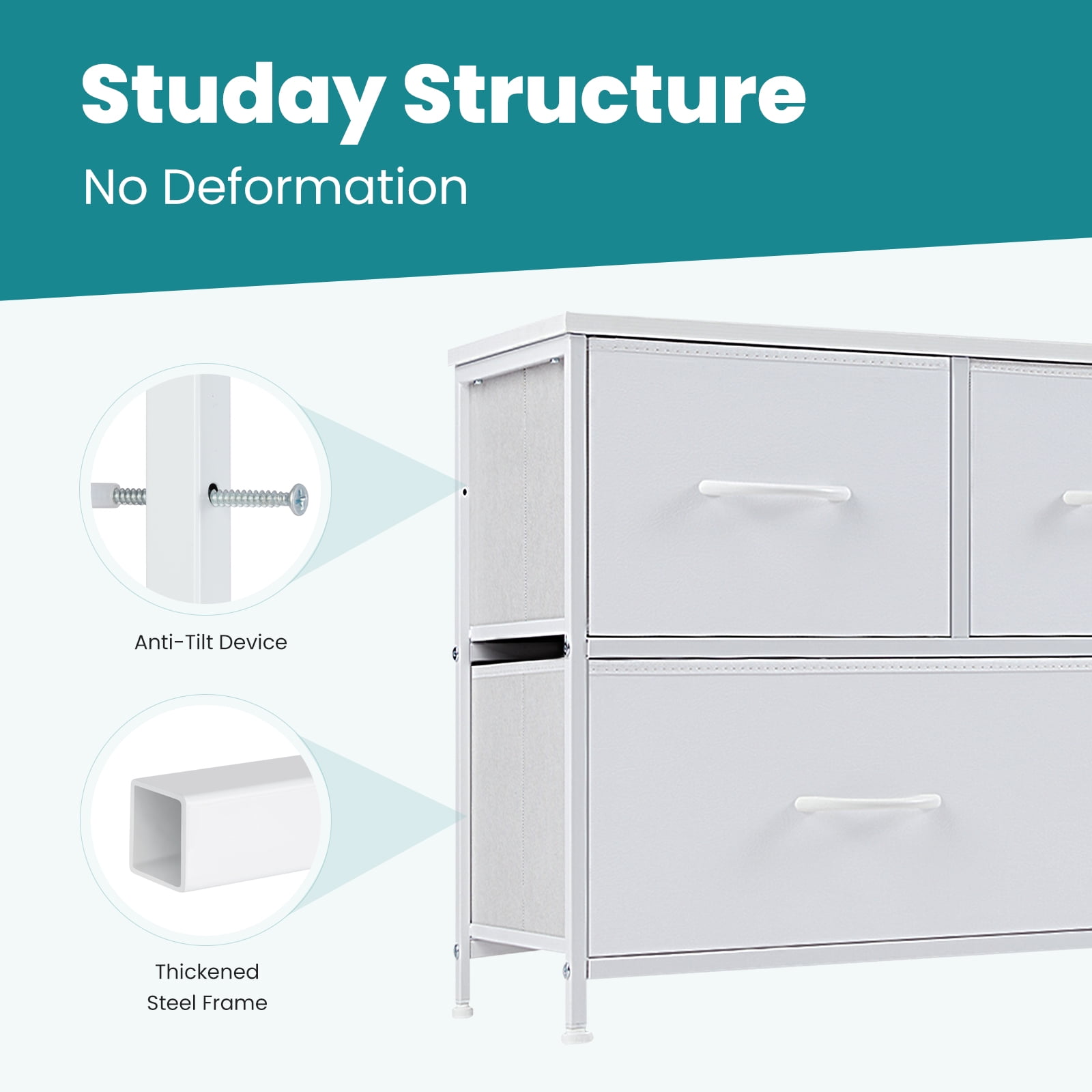 Gianna 5-Drawer Dresser, Large Capacity Fabric Organizer, White-1