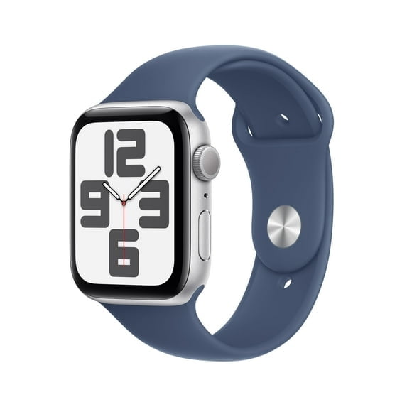 Restored Apple Watch SE (2nd Gen) [GPS 44mm] Smartwatch with Silver Aluminium Case with Denim Sport Band M/L. Fitness and Sleep Trackers, Crash Detection, Heart Rate Monitor, Retina Display