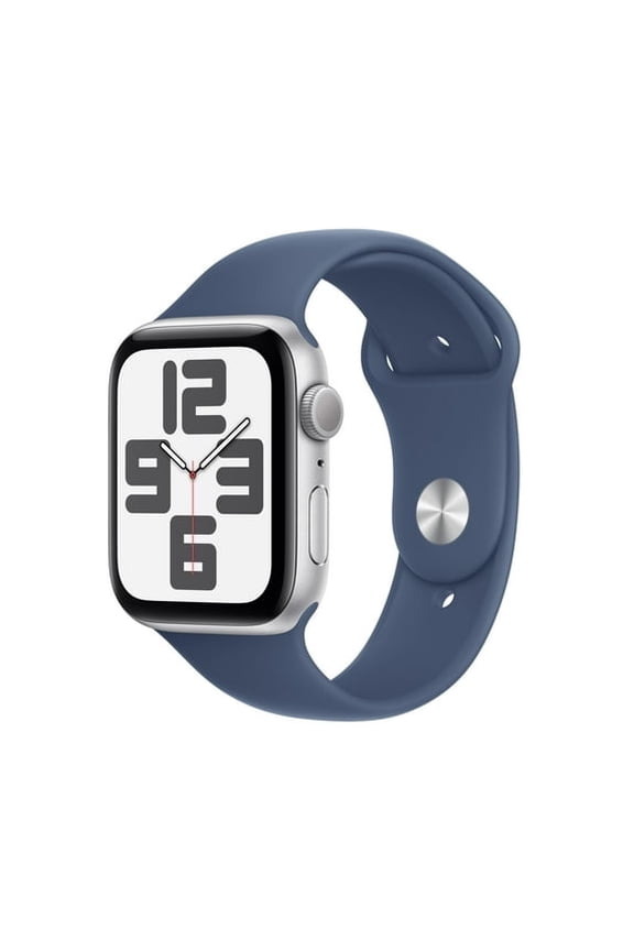 Restored Apple Watch SE (2nd Gen) [GPS 44mm] Smartwatch with Silver Aluminium Case with Denim Sport Band M/L. Fitness and Sleep Trackers, Crash Detection, Heart Rate Monitor, Retina Display