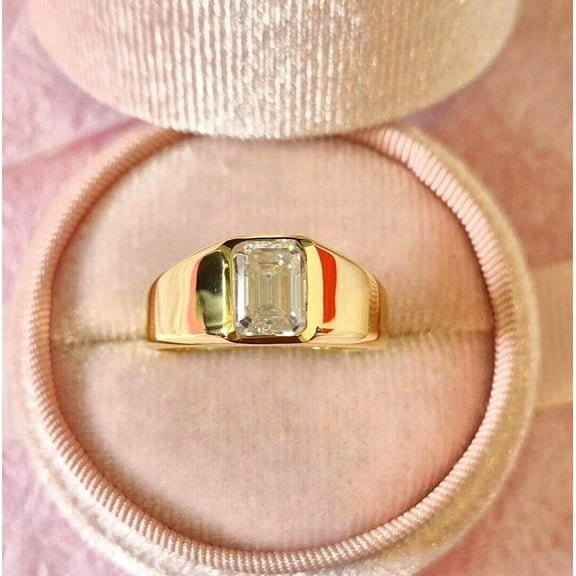 3Ct Emerald Cut Lab Created Diamond Men's Pinky Band Engagement Ring 14k Yellow Gold Plated Silver