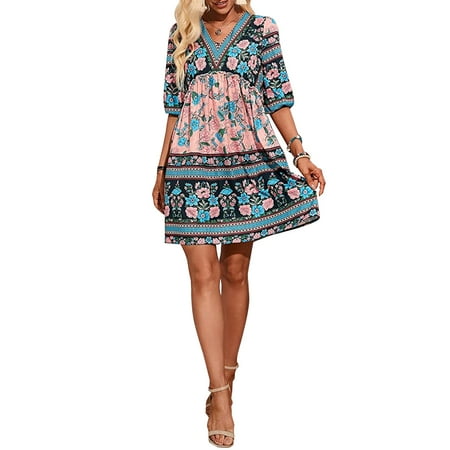 

Tomshoo Women Ruffle Floral Flowy Boho Dress Half Sleeves V-Neck Holiday Summer Beach Dress Pink XL