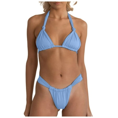 GEWSEY Women Sexy Brazilian Bikini 2 Piece Spaghetti Strap Top Thong Swimsuit Bathing Suit Light Blue  M