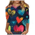 thumbnail image 2 of Valentines Tops Women, Heart Print T Shirt, Women 3/4 Sleeve Blouses Ladies Loose Casual Valentine's Day Printed Round Neck Three Quarter Sleeve T-Shirts Top, 2 of 5