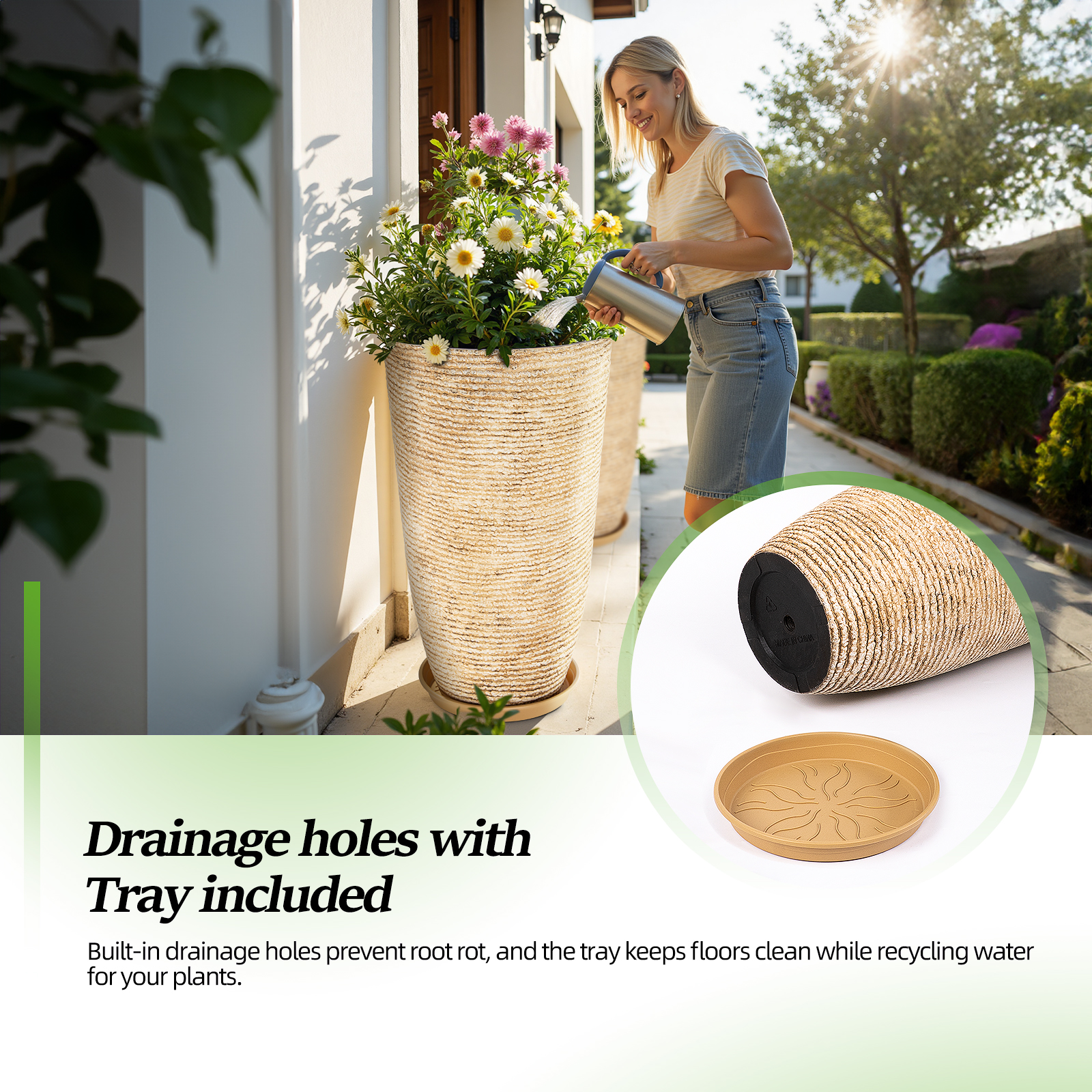 QCQHDU 21 inch Tall Planters with Saucer,2 Pack 9 Gallon Stone Round Pots for Indoor Plants,Outdoor Patio & Porch Decor, Heavy Duty Weatherproof Plant Containers,Beige