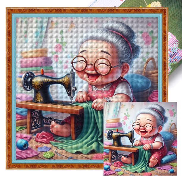 (11CTACC-4641__C__45X45) Hilo algodón ecológico bordado 11CT 3 hebras impresión 45*45cm Kit serie punto cruz costura Happy Old Lady