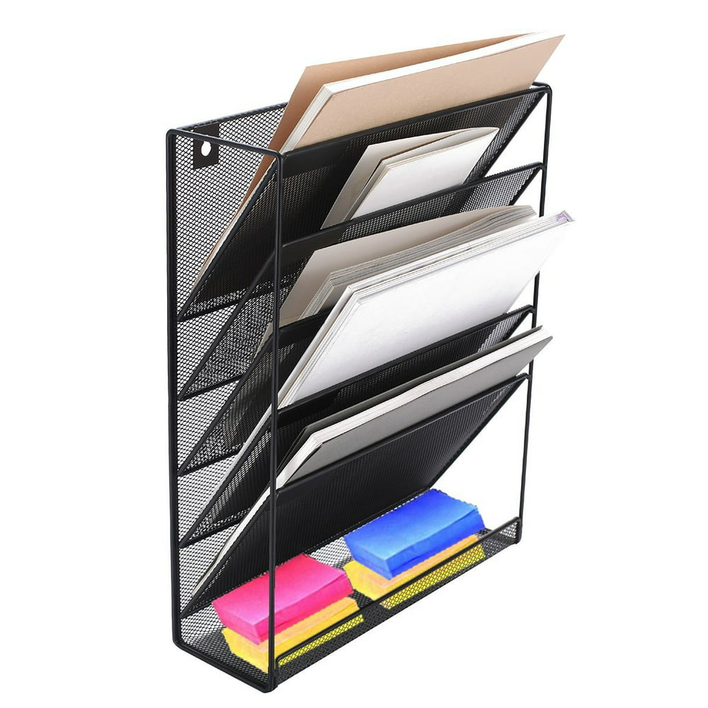 Wall Mount File Organizer Holder 5 Pocket Metal Mesh Hanging Folder Magazine Mail Rack for 