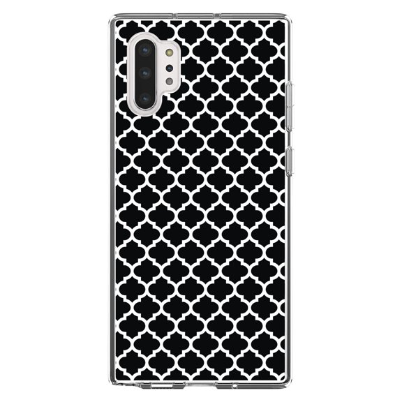 DistinctInk Clear Shockproof Hybrid Case for Galaxy Note 10 PLUS (6.8" Screen) - TPU Bumper, Acrylic Back, Tempered Glass Screen Protector - Black White Moroccan Lattice