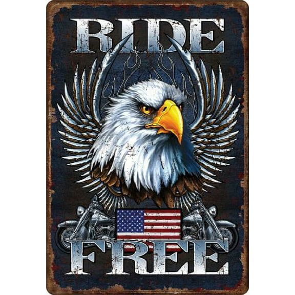 Ride Free Biker Eagle USA Flag Distressed Look Metal Sign Indoor Outdoor