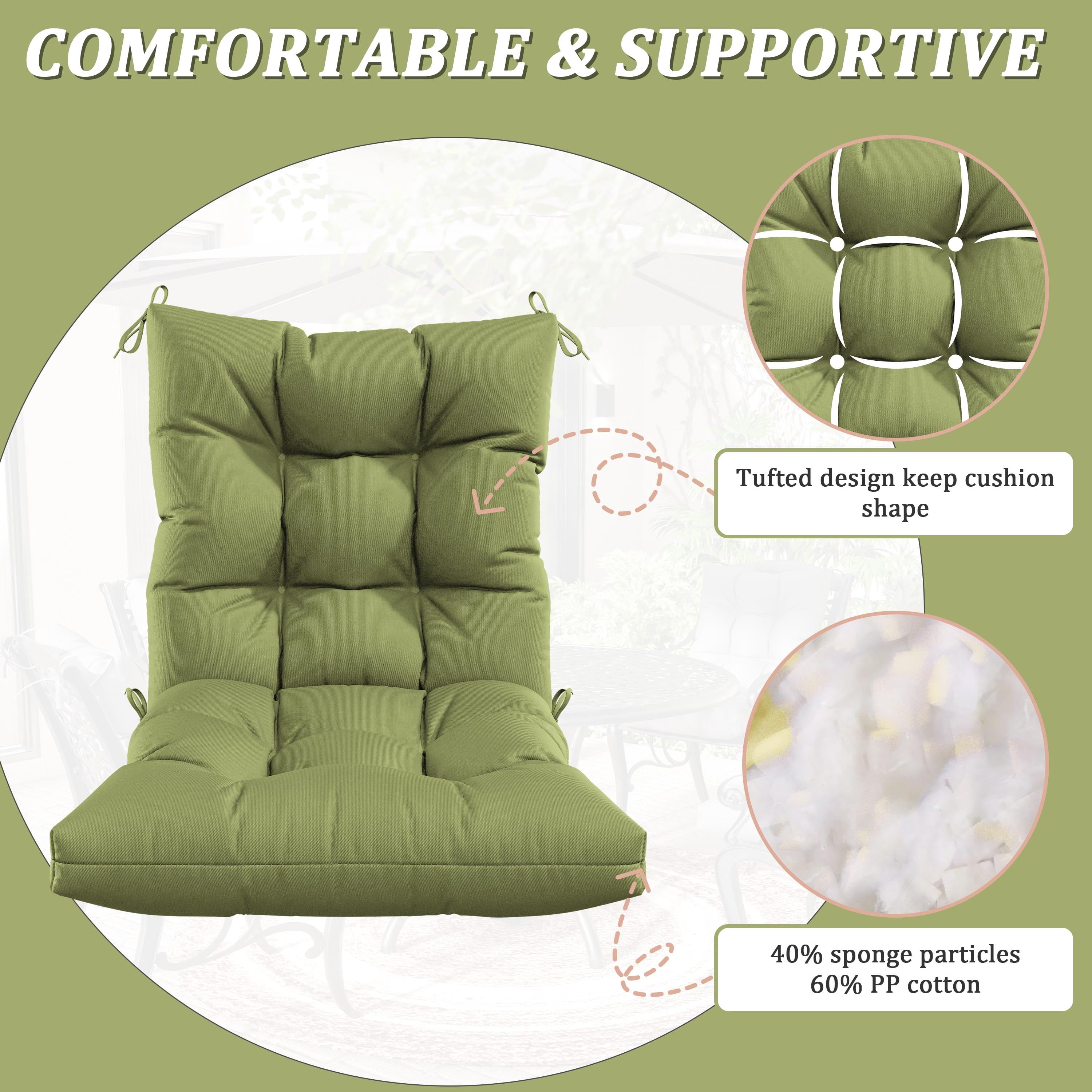 Snubbull Swing Cushions Set of 2, 42" × 21" × 5" Waterproof Rocking Chair Cushions with Ties for Outdoor Indoor Single Seat Cushions, Light Green