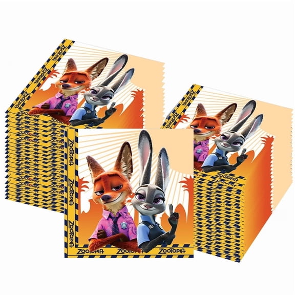 100 sheets of Zootopia disposable square napkins, cartoon table decorations and party supplies, suitable for families, tea parties, birthday parties and other holidays (fox, rabbit and snake designs)