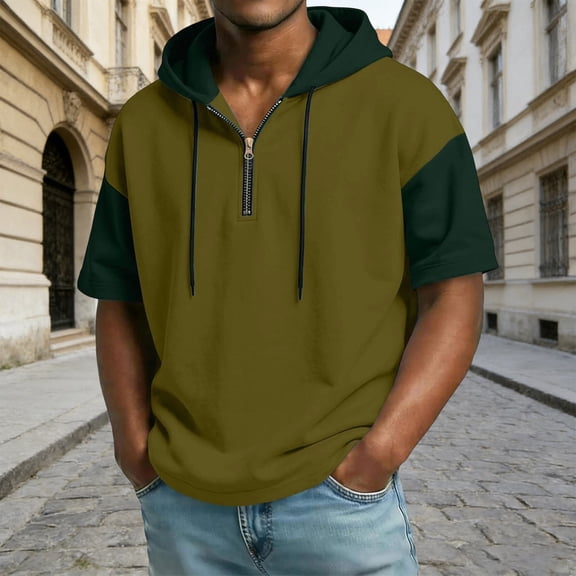 Mens T-shirts Short Sleeve Color Matching Hooded Half Zip T Shirt Casual Athletic Top Streetwear Sports Tees Army Green L