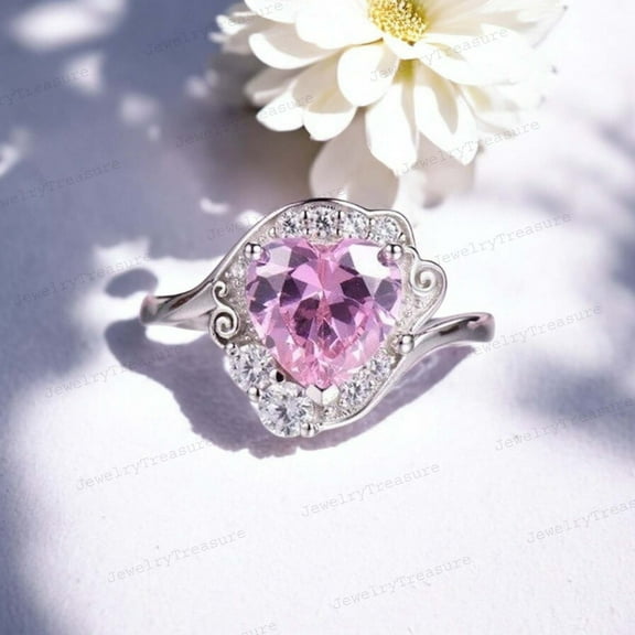 JEWELRYTREASURE 7 mm / 1 Ct Heart Shape Pink Sapphire Ring 925 Sterling Silver Ring Art Deco Bridal Jewelry CZ Diamond Halo Engagement Ring September Birthstone Promise Gift for Her