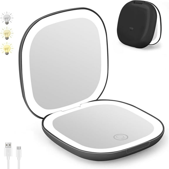 Wattne Travel Mirror with Light, Rechargeable 1x/10x Compact Magnifying Mirror, Dimmable Pocket Mirror,Handheld 2-Side Mirror with Light,3.5inch Travel Size,Portable for Handbag,Purse,Gift,Black