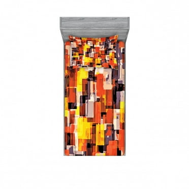 Ambesonne Geometric Fitted Sheet & Pillow Sham Set, Modern Painting, Twinxl, Orange Yellow and White