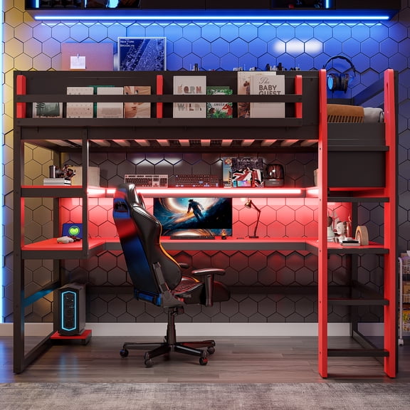 Twin Size Wood Loft Bed with Desk & RGB Lights, Gaming Loft Bed with Side Storage Rack, Multi-Storage Shelves & USB Ports, Space-Saving Bed for Teens Adults, Red