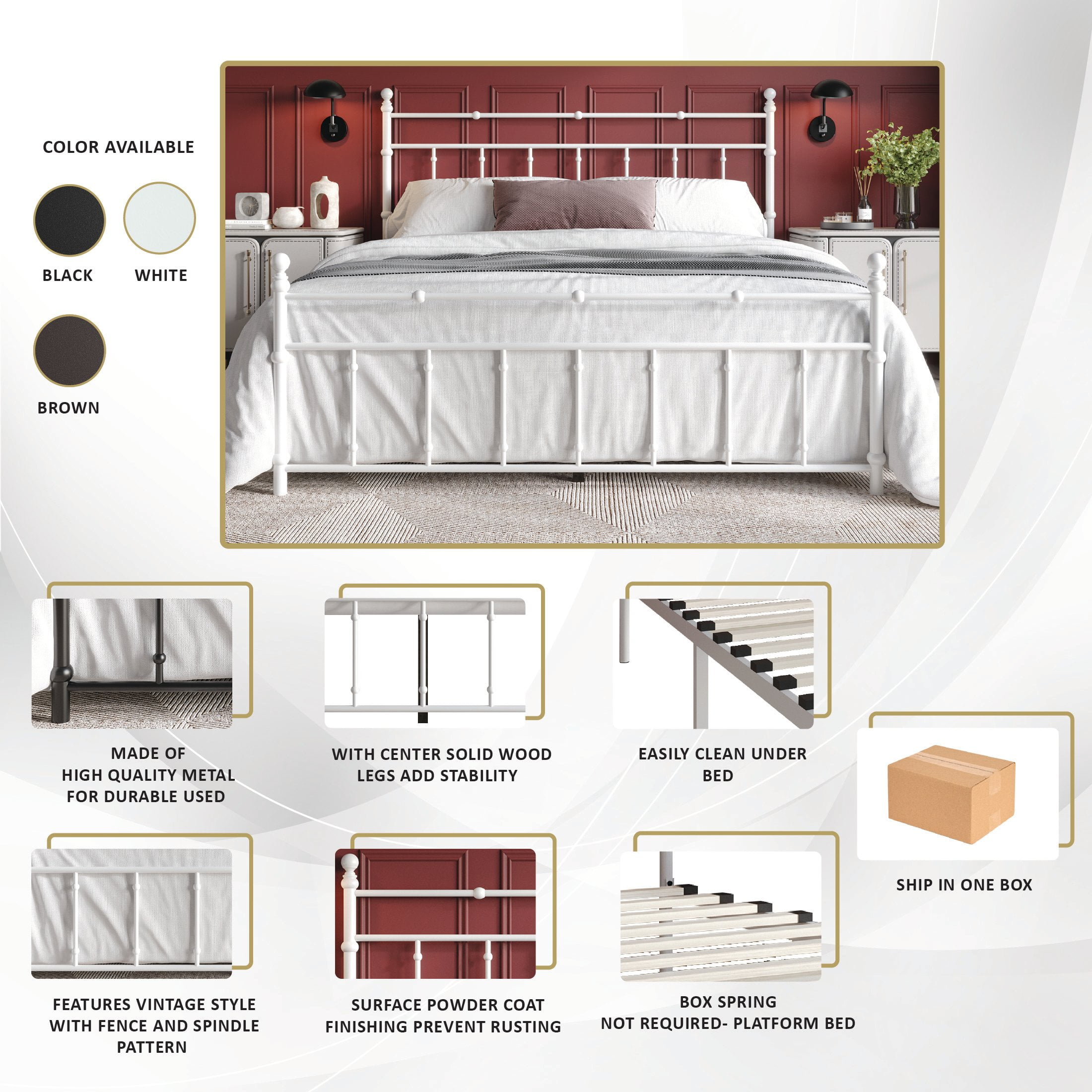 Castle Place Minimalist Modern King Size Metal Platform Bed, White