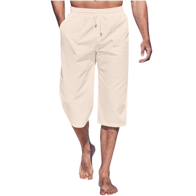 Aqestyerly Men's Summer Capri Pants - Elastic Waist,Side Pockets,Drawstring Design for Casual Summer Wear