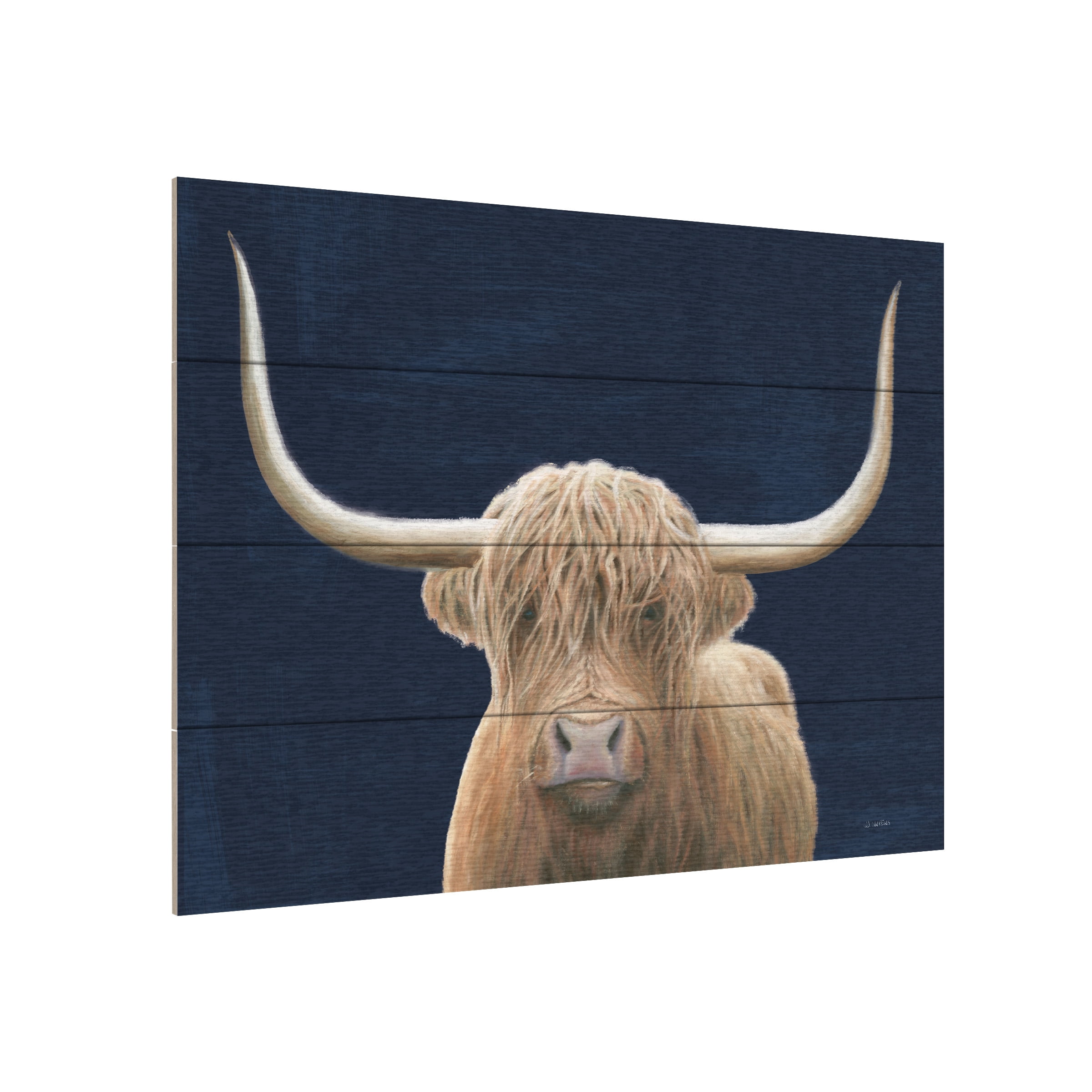 James Wiens 'Highland Cow Navy' Wood Slat Art 12x16