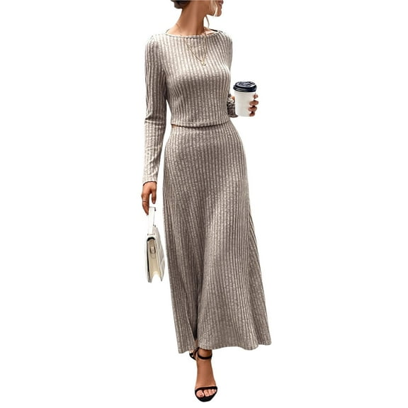 Womens 2 Piece Skirt Sets Fall Long Sleeve Sweater Dress Casual Knit Midi Dress Travel Outfits Winter Clothes Brown S