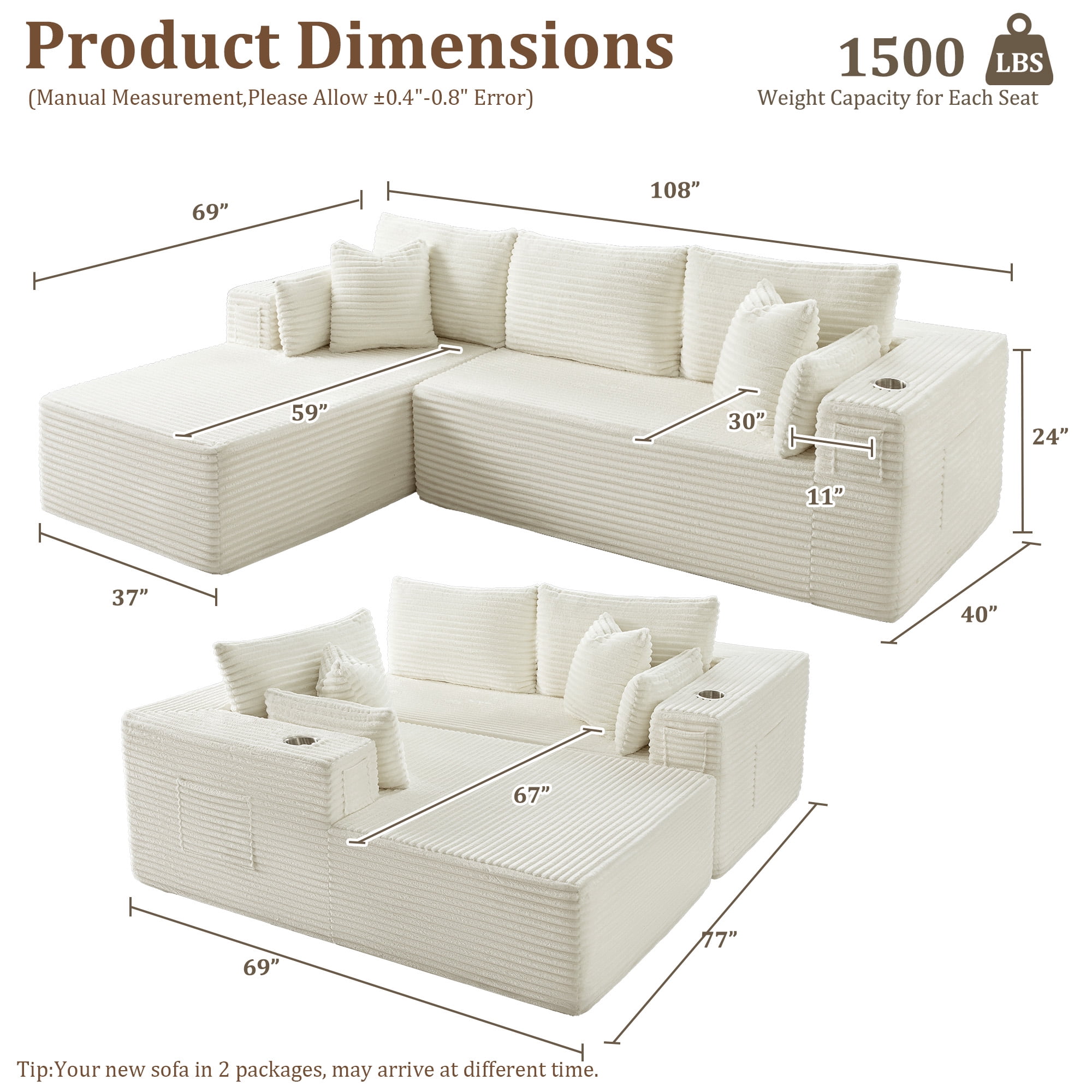 3 Seats Boneless Modular Cloud Sectional Sofa with Chaise, Extra-Wide Deep Seats Plush Corduroy Sleeper Soft Couch for Modern Living Rooms, Small Spaces & Apartments (Beige, 108"-L Shape Left)