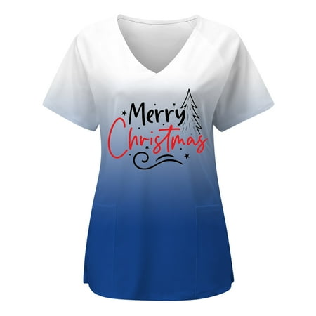 

Christmas Print Working Uniform Lady Womens Short Sleeve V Neck Printed Top Nurses Working T shirts Blouse Pockets Scrubs Uniform Nurses