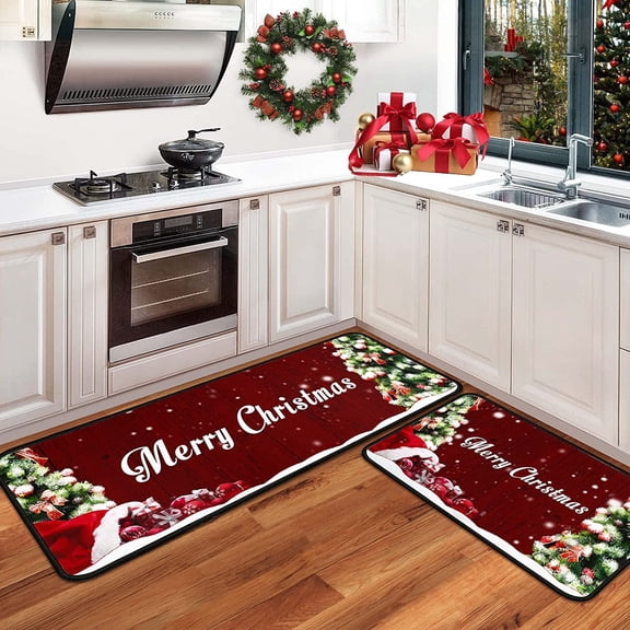 Christmas Kitchen Rugs Set of 2 Kitchen Floor Mats Non-Slip Backing Kitchen Mat Xmas Decorative Washable Doormat Runner Rug 17"x47.2" 17"x30" Merry Christmas Decorations