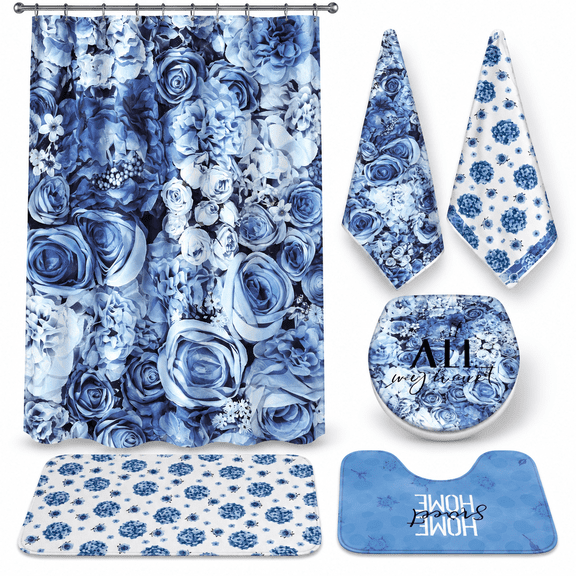 Blue Rose Floral 7-Piece Bathroom Linen Accessory Set with Rugs and Towels