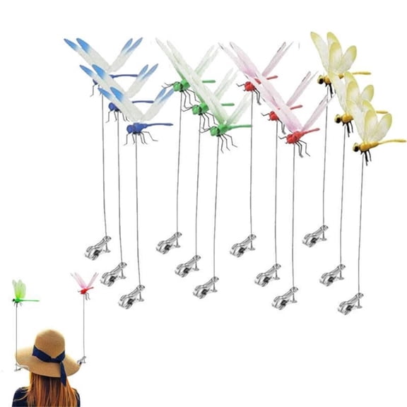 12 Counts Outdoor Fake Dragonfly Rod Clip, Garden Metal Dragonfly .Natural Organic Concept, 3D Garden Decoration, Bird and Fly Interfere Devices for Indoorand ,Creativ