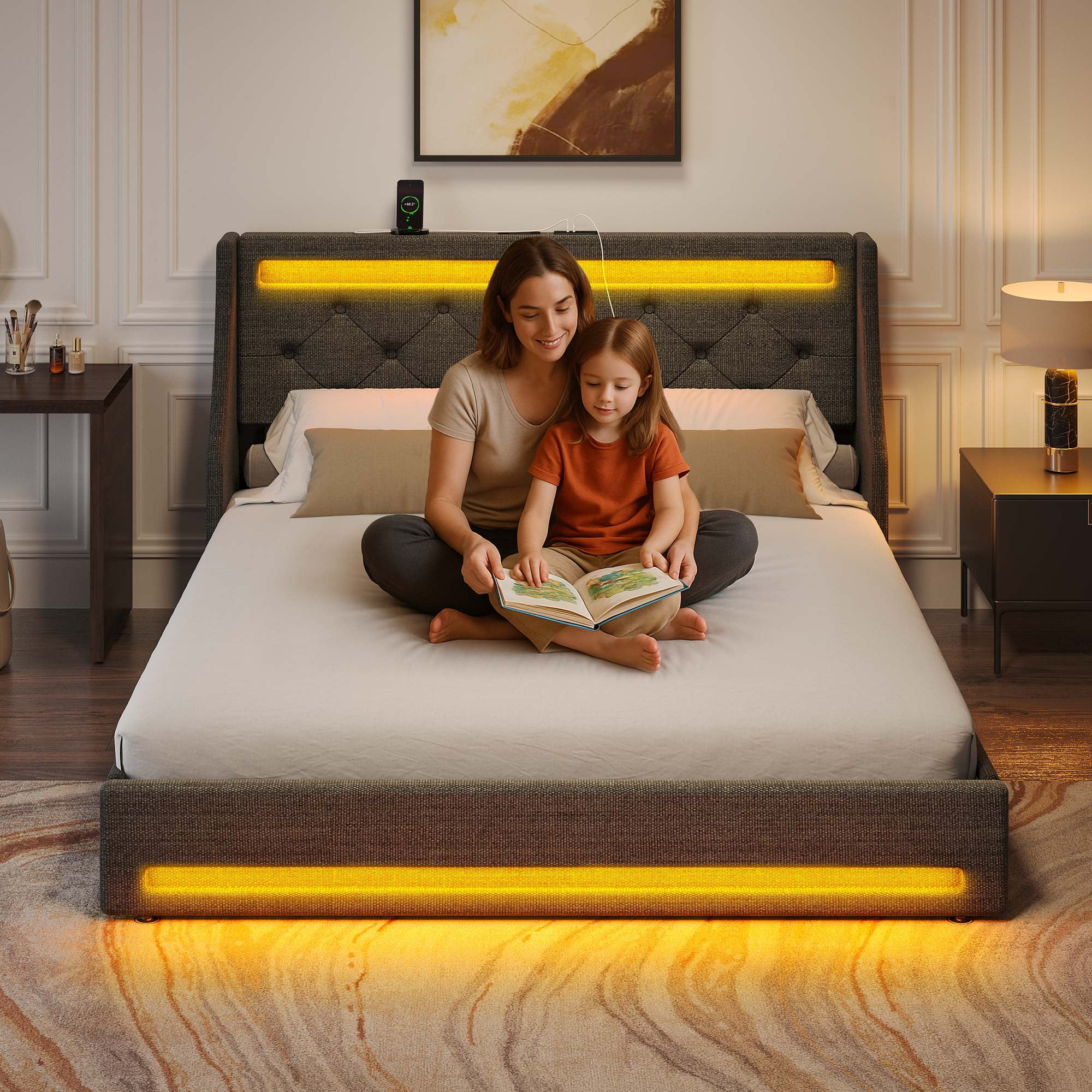 Greenstell Smart Charging Storage Bed Frame - 900lbs Capacity Noise-Free, Full, Dark Gray