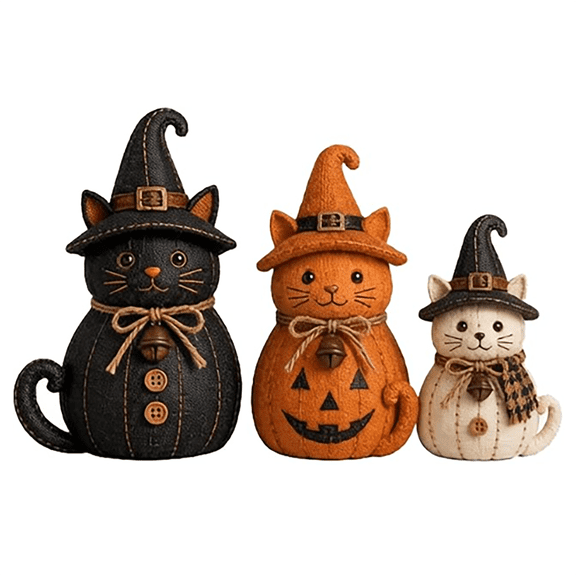 Vintage Halloween Black Cat Figurine Set, 3 Piece Witch Cat Decorations with Pumpkin Details, Rustic Farmhouse Fall Decor for Mantel Shelf Tabletop and Tiered Tray Display
