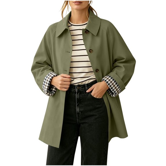 QIYAGBSA Trench Coats for Women Plaid Lined Lapel Button Front Mid Length Lightweight Coat with Pockets for Cool Fall Spring Days