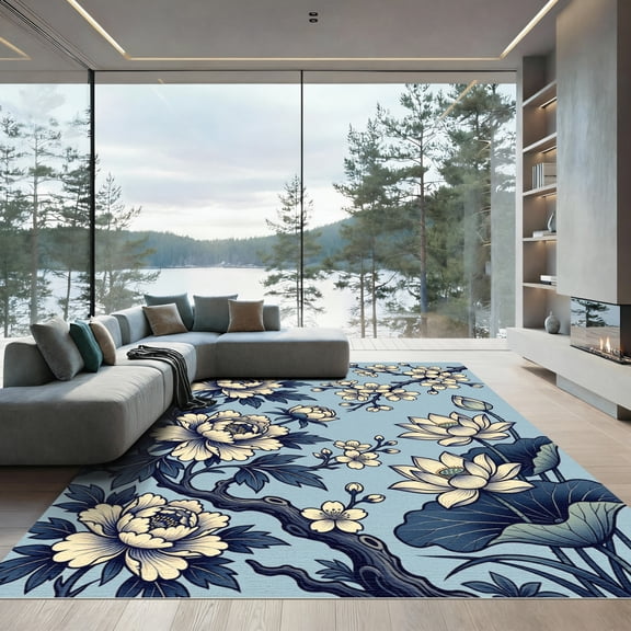 ODIKA 4'x6' Machine Washable Non-Slip Area Rug, Chinoiserie Dusty Blue High Traffic Rug, Blue, 1268580