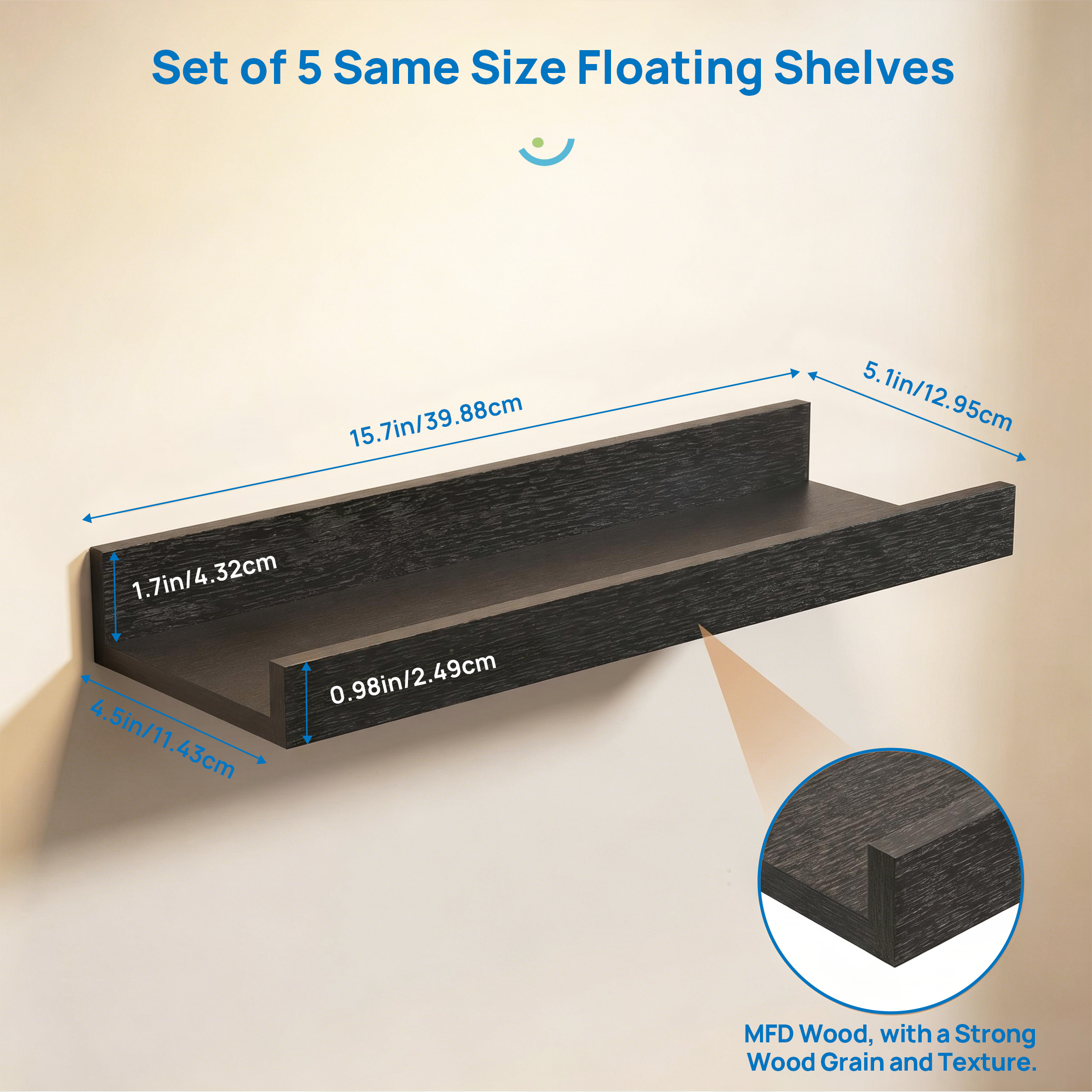 Sindcom Floating Wall Shelves, 16 Inch, 5-Pack, Black photo 3