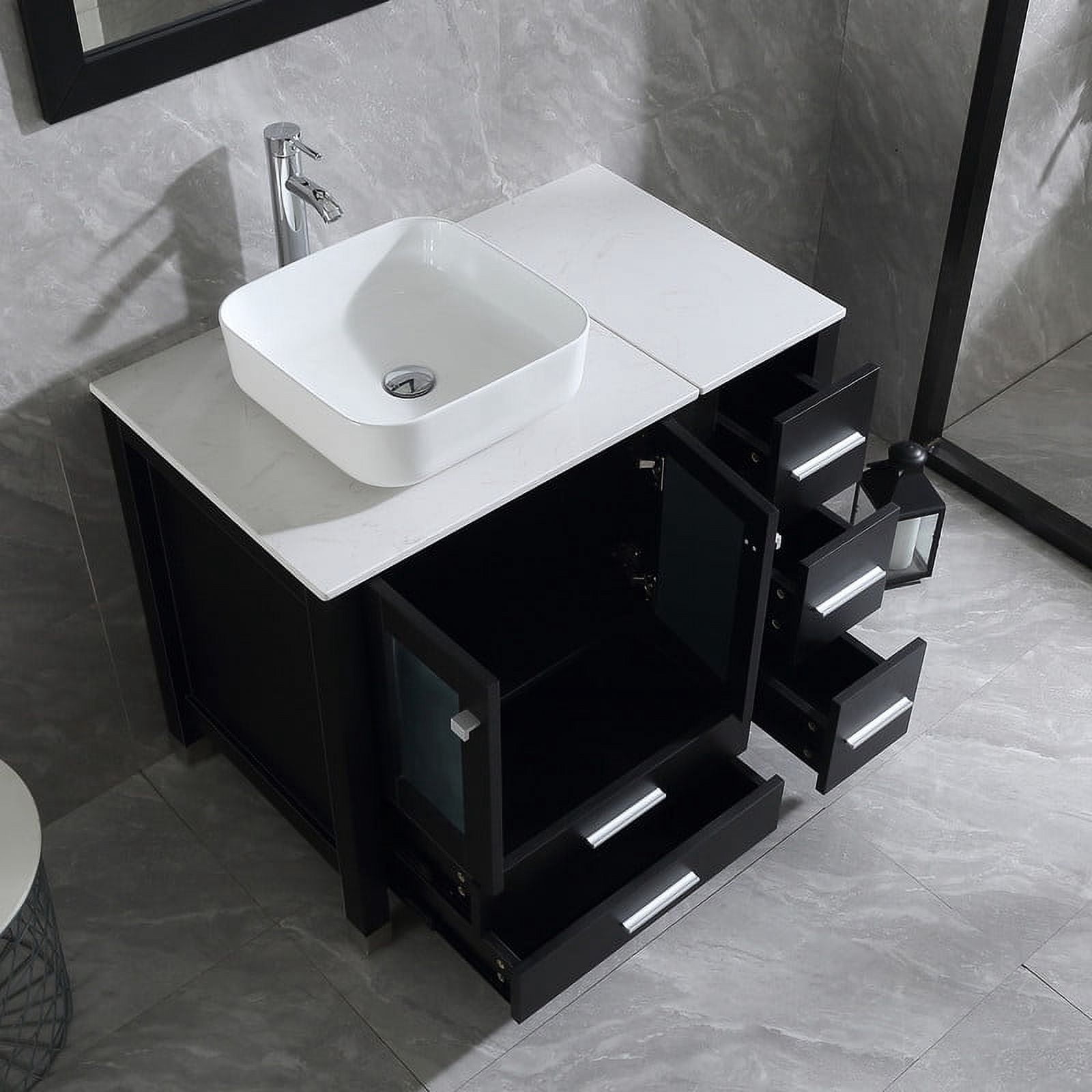 Walsport 36” Black Bathroom Vanity and Sink Combo Wood Cabinet Top Square Ceramic Vessel Sink Faucet Drain Combo with Mirror Vanities Set,Black